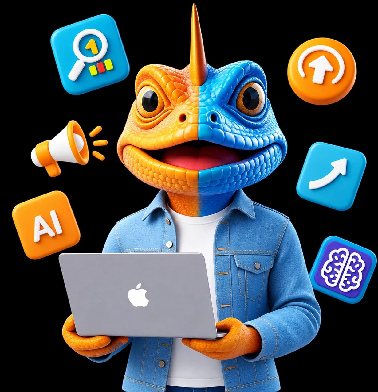 Needle Ads mascot with a laptop, surrounded by marketing icons