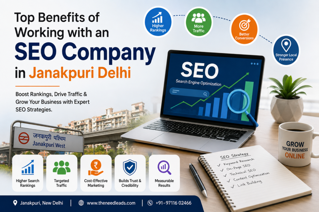 Top benefits of working with an SEO Company in Janakpuri Delhi, highlighting higher rankings, increased traffic, better conversions, local SEO growth, and business success through professional SEO services.